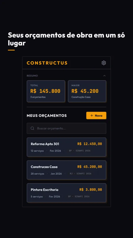 Tela do Constructus com a lista de orçamentos, total geral e valor médio por obra