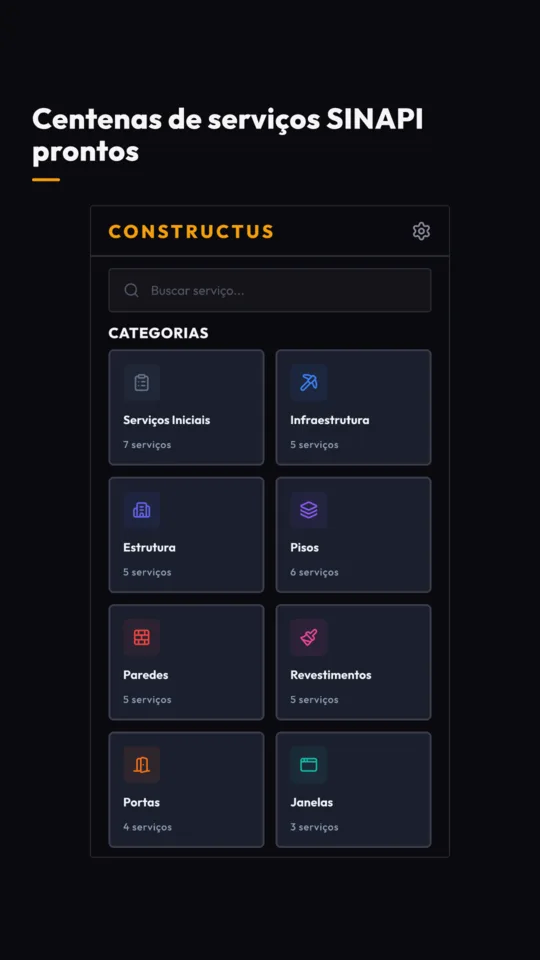 Catálogo de serviços SINAPI do Constructus organizado em categorias como Estrutura, Pisos, Paredes e Revestimentos