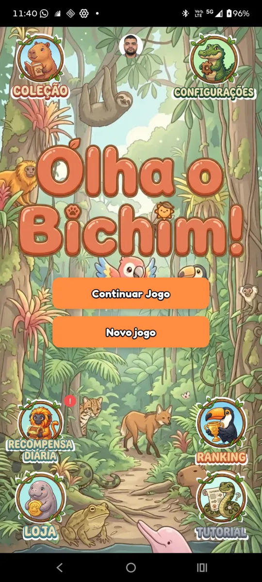 Tela inicial do Olha o Bichim com o título em letras alaranjadas sobre uma floresta e os botões Continuar Jogo e Novo Jogo