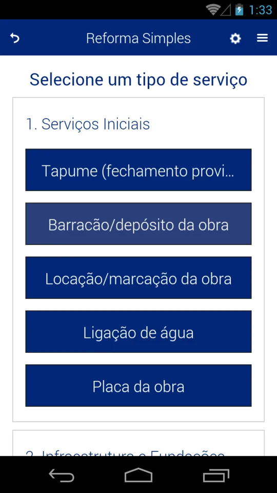 Tela do Reforma Simples com a lista de tipos de serviço, começando por Serviços Iniciais