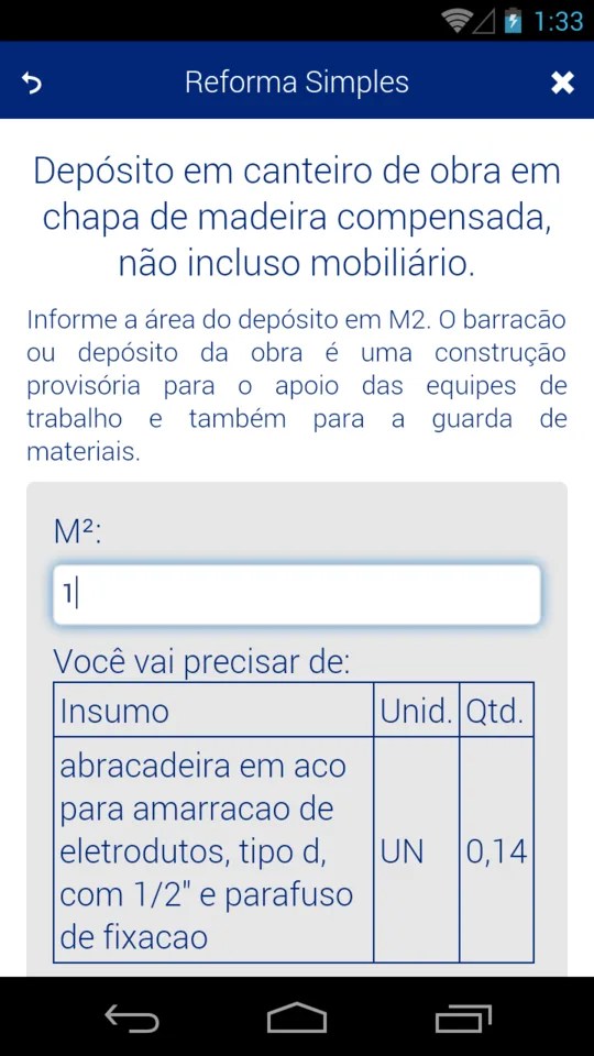Formulário de depósito em canteiro de obra com campo de área em metros quadrados e a lista de insumos necessários