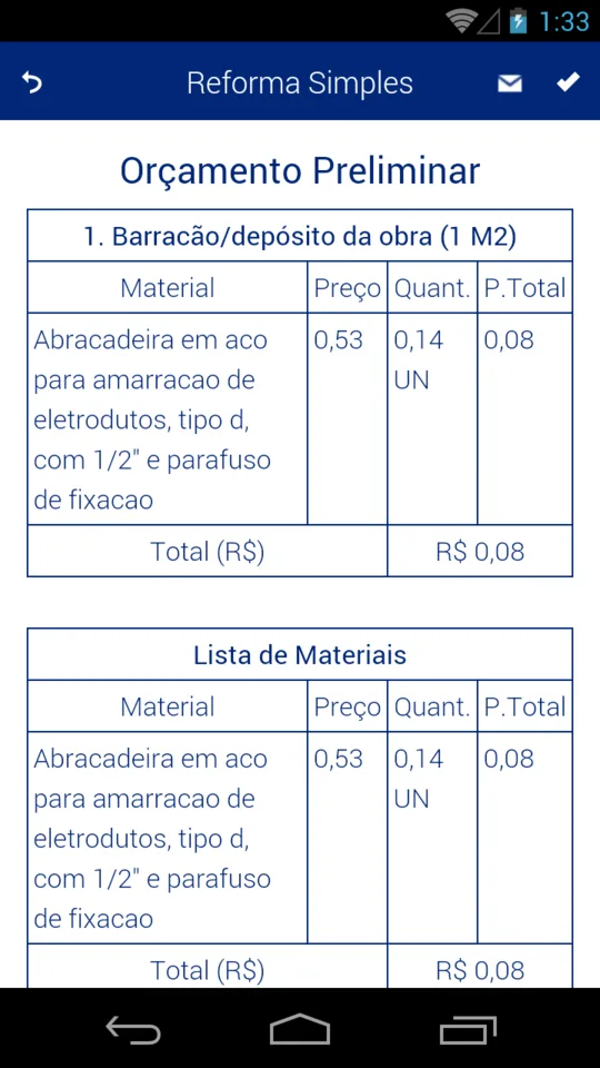 Orçamento preliminar do Reforma Simples com tabela de materiais, preço, quantidade e total