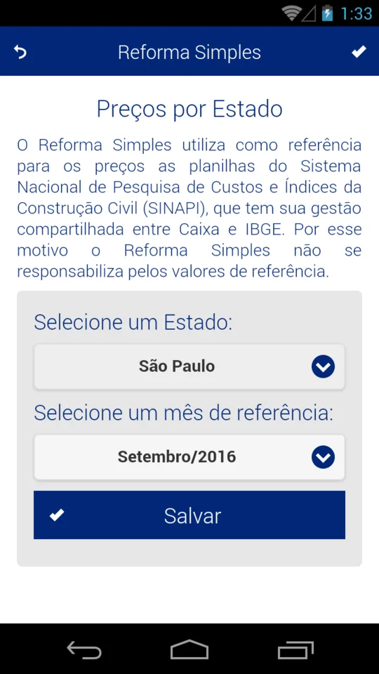 Tela de preços por estado, com seletor de estado e mês de referência do SINAPI